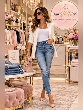 INC International Concepts Blue Skinny Jeans with Floral Embroidery